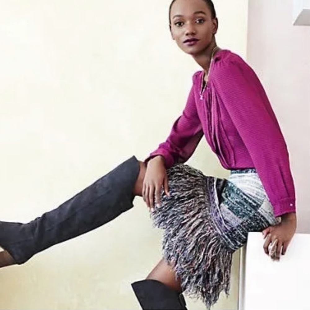 Anthropologie knit fringe metallic thread skirt